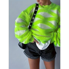 Women'S Sweater - Neon Green & White Color Block Pullover, Loose Fit Long Sleeve Sweater for Everyday & Formal Outfits, All-Season Layering Essential for Women, Vacation Outfit, Youthful Fashion, Quality Stitching, Stylish Top, Fashion Lovers
