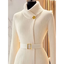Elegant High-Neck Cardigan for Women - Chic Long Sleeve Sweater with Belt, Button-Up Front, and Golden-Tone Hardware, Perfect for Fall/Winter Fashion, Autumn Winter Wear | Belted Cardigan | Construction, Sweater Cardigan