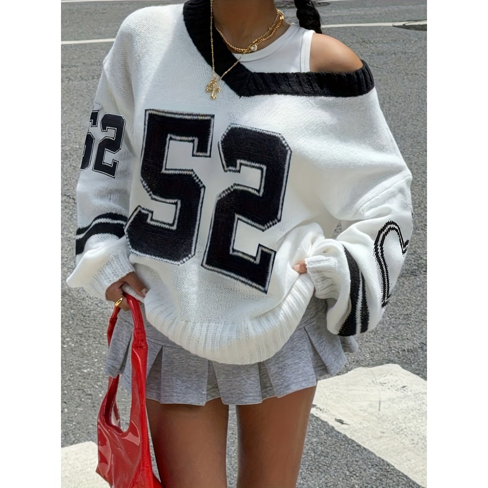 Women'S Elegant V-Neck Sweater with Heart Print - Casual Off-Shoulder Pullover, Black & White, Long Sleeve, Ribbed, Perfect for Office, College, or Casual Attire, Casual Attire Sweater | Offshoulder Fashion | Ribbed Texture