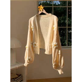 [Floral Cardigan for Women] Floral Pattern Women's Beige Cardigan - Long Sleeve Sweater with Round Neck for Spring/Fall Layering | Everyday & Formal Outfits, Lightweight Fabric, Textured Knitwear, Durable Knitwear, Office Wear, Fall Wardrobe