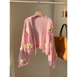 [Floral Cardigan for Women] Floral Pattern Women's Beige Cardigan - Long Sleeve Sweater with Round Neck for Spring/Fall Layering | Everyday & Formal Outfits, Lightweight Fabric, Textured Knitwear, Durable Knitwear, Office Wear, Fall Wardrobe