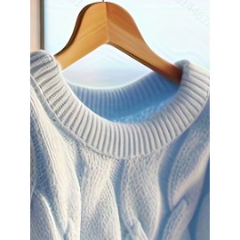 Women's Cable- Sweater - Soft Stretchy Winter Sweater with Round Neck & White Piping Trim, Machine Washable Chunky Pullover for Fall/Winter, Cozy Casual & Dressy Outfits (, Versatile Sweater for /