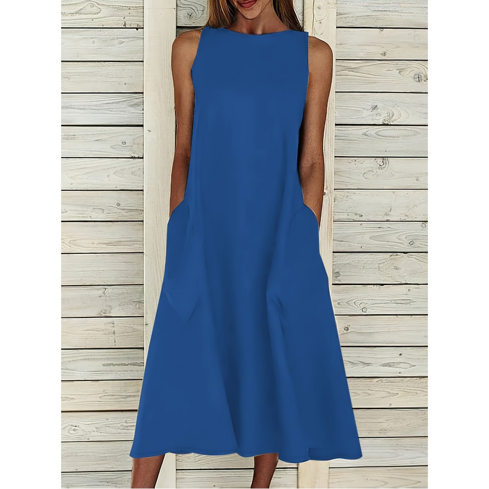 Targeted Development - New Long Knee-Length Slim-Fit Pocket Solid Color Casual Midi Dress