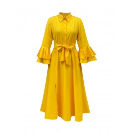 Elegant Yellow Ruffle Sleeve Blouse Dress for Women - Long Sleeve, Button-Up, Tie Waist, A-Line Silhouette, Perfect for Spring & Fall Parties, Party Dress | Ruffle Sleeve Dress | Polyester Fabric