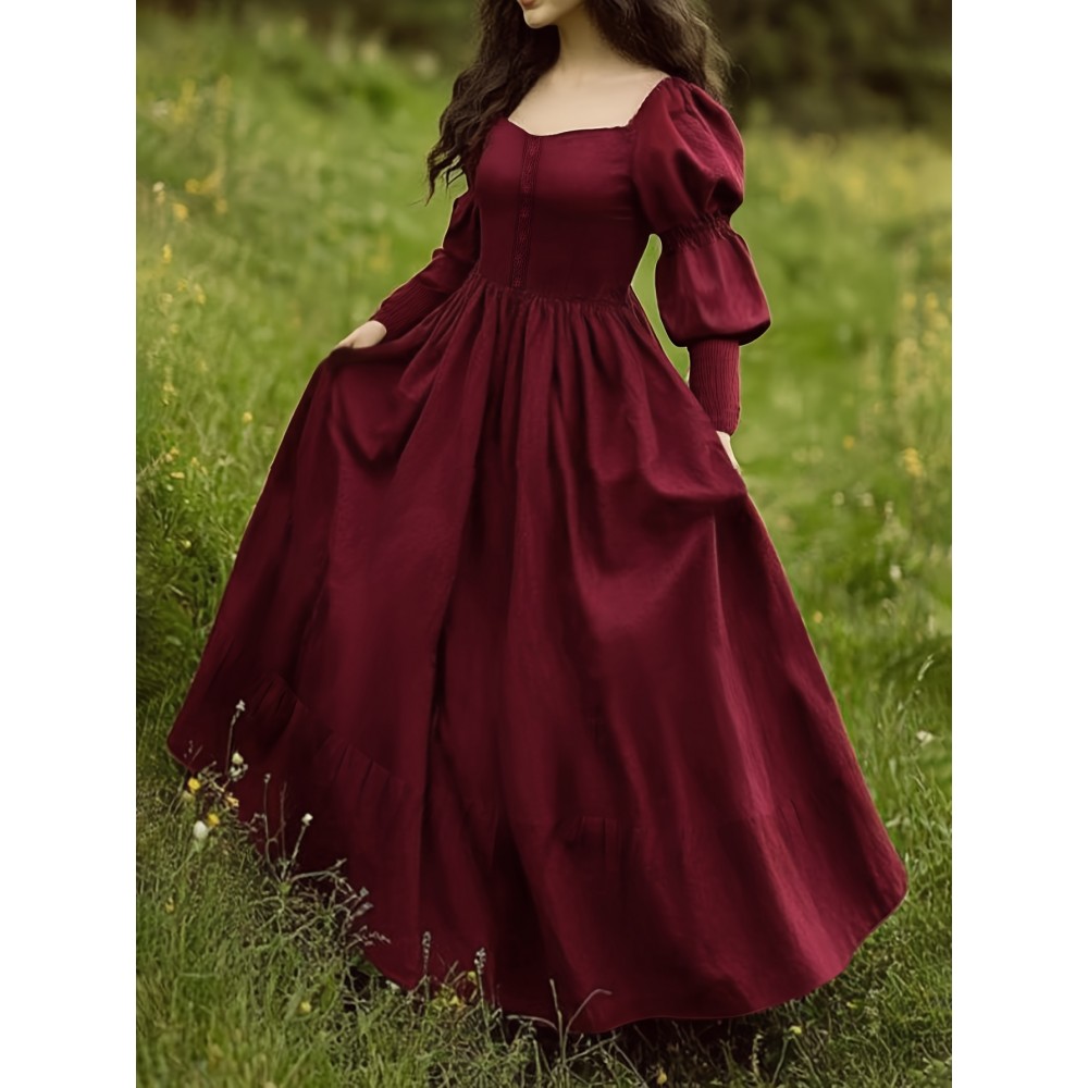 Women'S Elegant Burgundy A-Line Maxi Dress with Puffed Sleeve & Square Neck - Solid Color Floor-Length Formal & Semi-Formal Evening Gown, Machine Washable For Spring Summer Fall Events, Dresses For Wedding Guest, Seasonal Fashion, Sophisticated Styl
