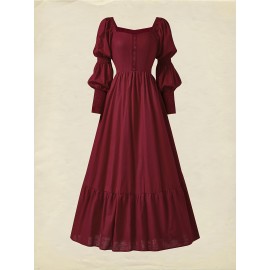 Women'S Elegant Burgundy A-Line Maxi Dress with Puffed Sleeve & Square Neck - Solid Color Floor-Length Formal & Semi-Formal Evening Gown, Machine Washable For Spring Summer Fall Events, Dresses For Wedding Guest, Seasonal Fashion, Sophisticated Styl