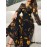 Print Women'S Long Sleeve Slim Fit Dress with Cross Neckline & Lantern Sleeves - A-Line Silhouette, Black & Golden Floral Print, All-Season Versatile Wear, Elegant Event Attire | Aline Silhouette | Sophisticated Style