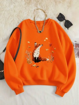 Women'S Cozy Crew Neck Sweatshirt with Vibrant Fox & Floral Print - Casual Long Sleeve Pullover for Fall & Winter, Soft Polyester Blend, Machine Washable, Allseason Apparel | Vibrant Print Top | Polyester Blend, Fox Sweatshirt