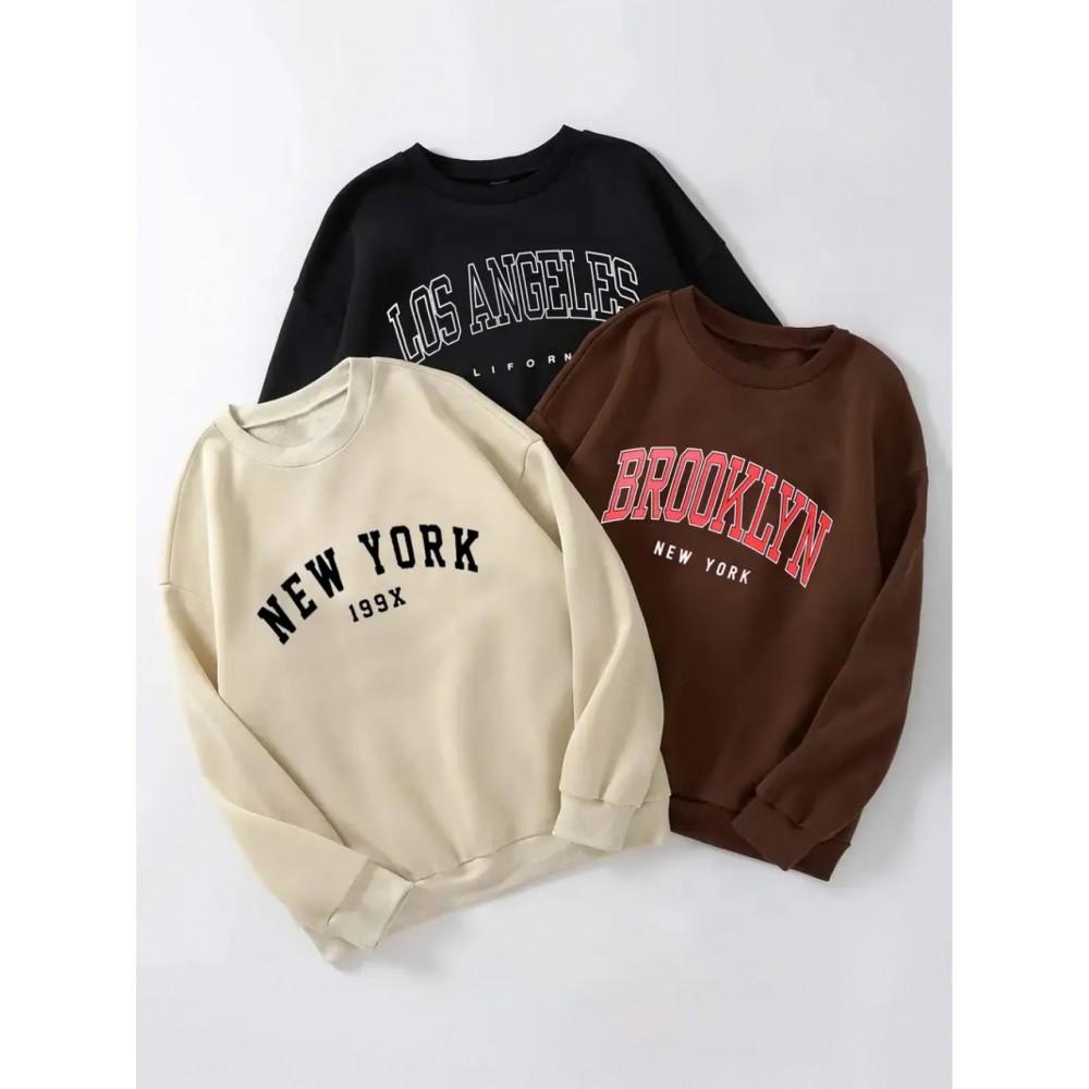 3pcs Letter Print Pullover Sweatshirt, Autumn and Winter Casual Long Sleeve Crew Neck Sweater for Women