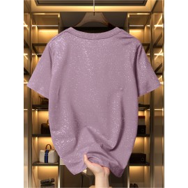 Women'S Sparkly Sequin Short Sleeve T-Shirt - Round Neck, Beige Casual Top for Spring/Summer, Glittery and Stylish, Perfect for Casual Attire