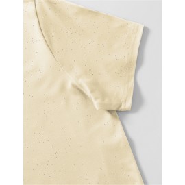 Women'S Sparkly Sequin Short Sleeve T-Shirt - Round Neck, Beige Casual Top for Spring/Summer, Glittery and Stylish, Perfect for Casual Attire