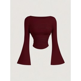[3pcs Ruffle Blouses] 3pcs Women's Long Sleeve Ruffle Detail Blouses - Crew Neck Button-Up T-Shirts in Black, Burgundy & White | Fall/Winter Casual Wear | Glossy Texture