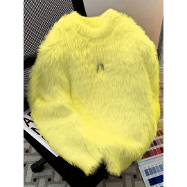 Korean Style Round Neck Sweater with Lazy Casual Metal Design Warm Faux Fur Pullover