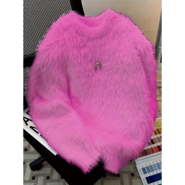 Korean Style Round Neck Sweater with Lazy Casual Metal Design Warm Faux Fur Pullover