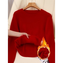 [Soft Thermal Sweater] Soft & Comfortable Women's Thermal Round-Neck Loose Fit Long Sleeve Sweater | All-Season Casual Top, Solid Color, Easy Care Hand Wash/Dry Clean, Medium Stretch, Clean Design