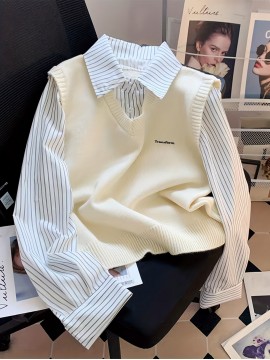 Women's Elegant Collar Sweater - Two-in-One Mock Layering Design, All-Season Office & Formal Events Sweater in Grey & Blue Horizontal Stripes, Non-Transparent Sweater for Women, Ladies Sweaters, Comfortable Fit