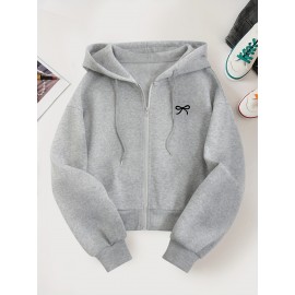 Women'S Casual Gray Hoodie with Double Bow Print - Long Sleeve, Zip-Up Pullover, All-Season Comfort, Casual Wear Hoodie|Casual Style Hoodie|Zippered Hoodie