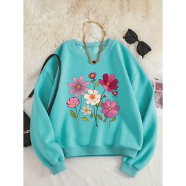 Women's Floral Print Crew Neck Sweatshirt - Pink with Multicolor Flower Design, All-Season Casual Pullover, Soft Machine-Washable Fabric, Cozy Everyday Sweater for Women (No Dry Clean)