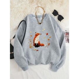 Women'S Cozy Crew Neck Sweatshirt with Vibrant Fox & Floral Print - Casual Long Sleeve Pullover for Fall & Winter, Soft Polyester Blend, Machine Washable, Allseason Apparel | Vibrant Print Top | Polyester Blend, Fox Sweatshirt