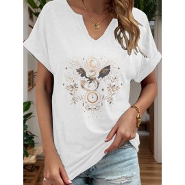 Women'S Vintage Norse Mythology Dragon Print V-Neck T-Shirt - Casual Short Sleeve, Regular Fit, All-Season Tee with Intricate Design, Machine Washable, Allseason Tee | Mythological Design | Comfortable Fit, Dragon Shirt