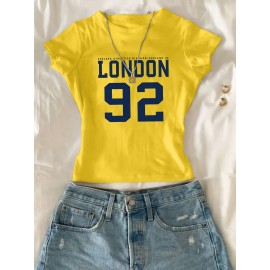 Women's White Crop T-Shirt - London '92 Numeric Graphic Tee - Stretchy Casual Summer Top - Vintage Streetwear Everyday Shirt - Non-See Through Crop Top for Women, Ladies T Shirts, Relaxed Fit Tee, Nontransparent Fabric